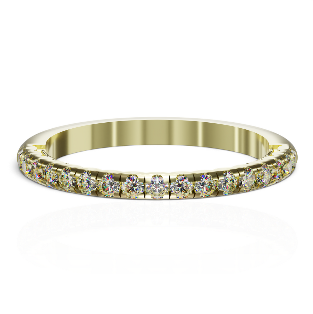 YFS Designs Rosaline 2mm gold wedding band featuring a row of brilliant-cut diamonds with vintage milgrain detailing.