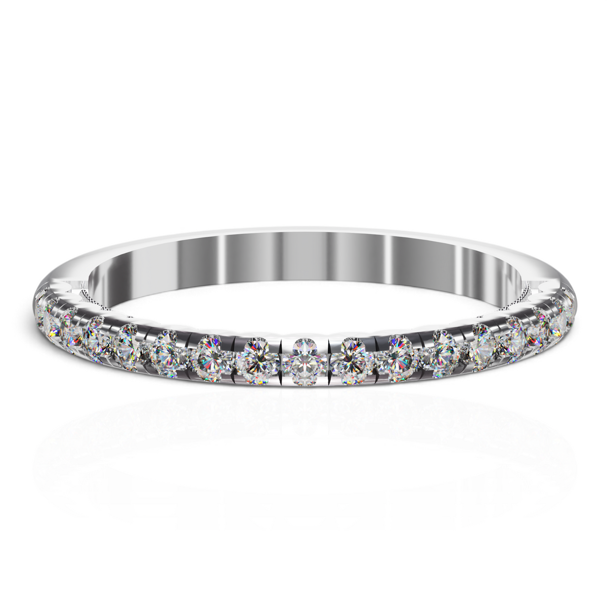 YFS Designs Rosaline diamond wedding band in 14K white gold with a 2mm width and intricate side milgrain detailing.