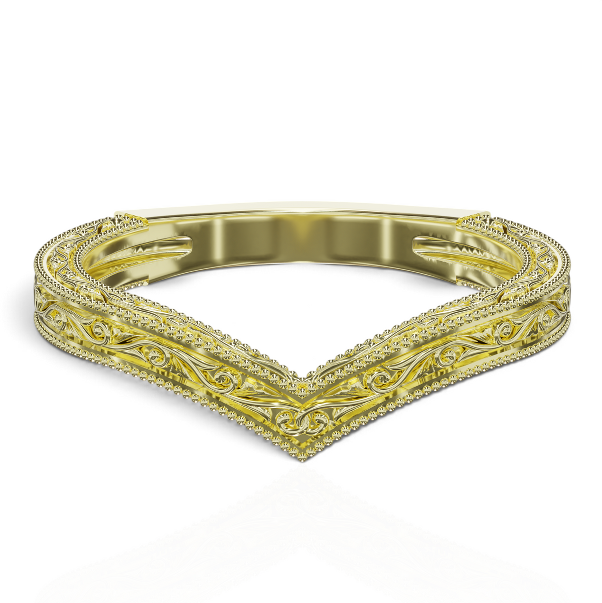 YFS Designs Sienna Contoured yellow gold wedding band with vintage milgrain scrollwork and a V-shape silhouette.