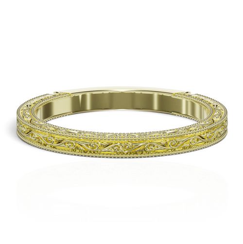 YFS Designs Sienna 2mm yellow gold wedding band featuring intricate vintage scrollwork and delicate milgrain edges.