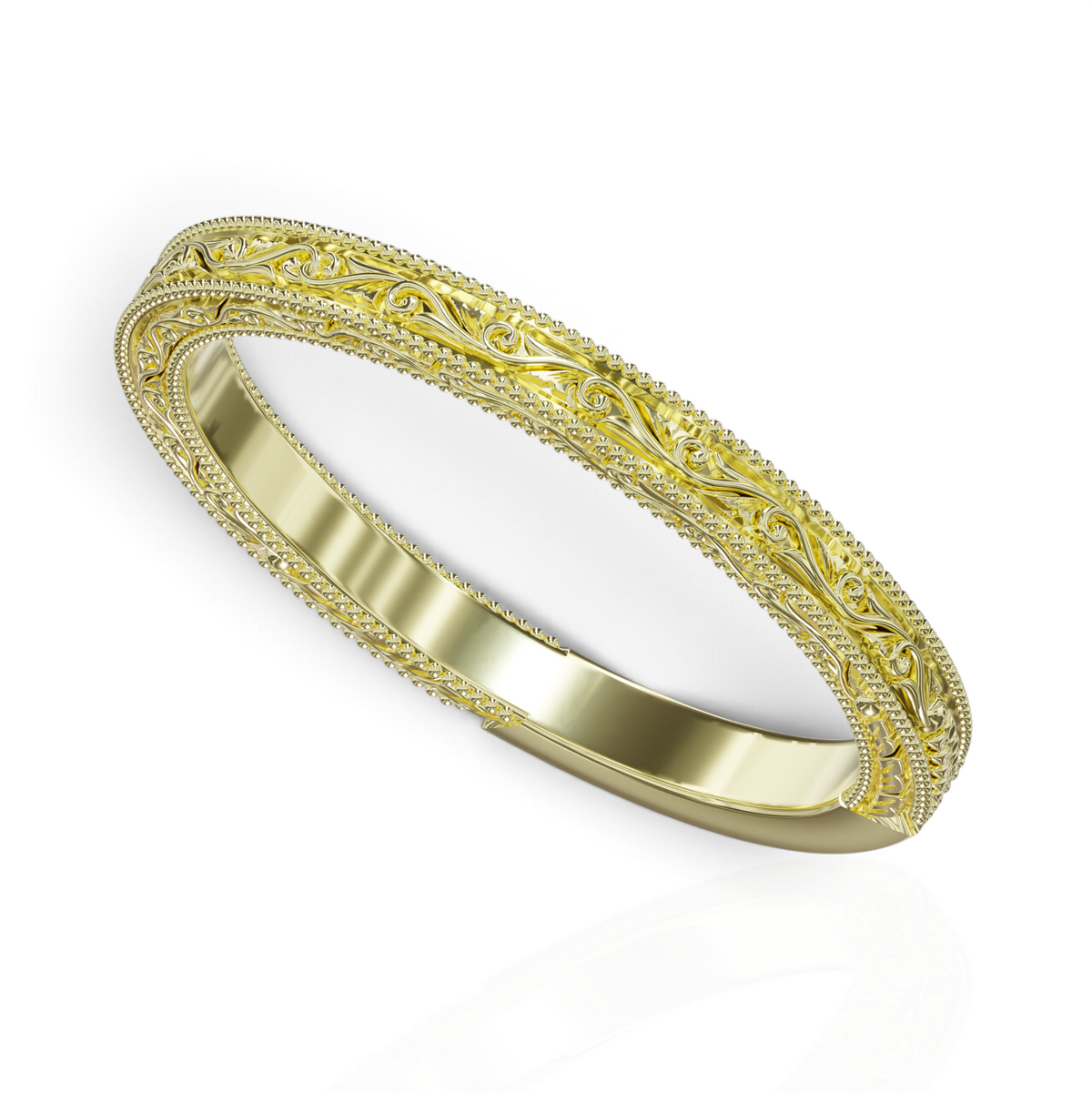 YFS Designs Sienna vintage 2mm yellow gold wedding band with intricate scrollwork and delicate milgrain edge detailing.