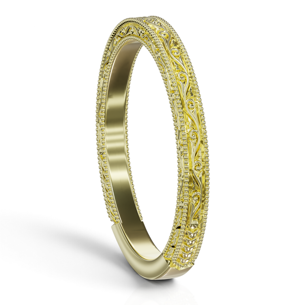YFS Designs Sienna vintage 2mm yellow gold wedding band with intricate milgrain and scrollwork detailing