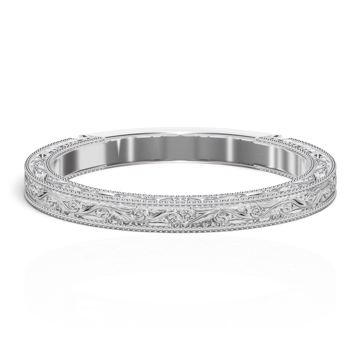 YFS Designs Sienna vintage wedding band featuring intricate scrollwork and delicate milgrain edges in polished 14K white gold
