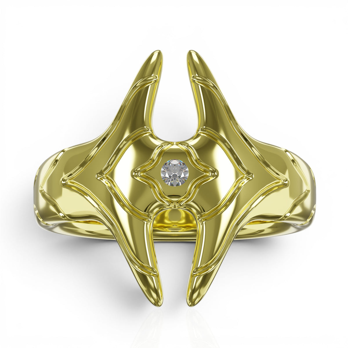 YFS Designs Signature logo ring in polished gold featuring a central 1mm round diamond in a unique geometric design.