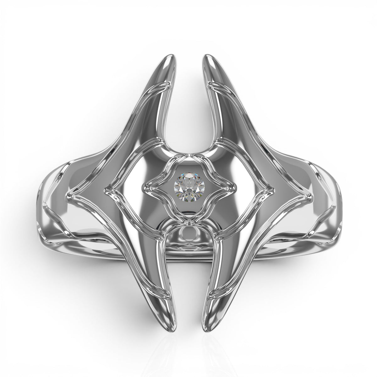 YFS Designs Signature logo ring in polished silver featuring a central 1mm round diamond in a geometric frame.