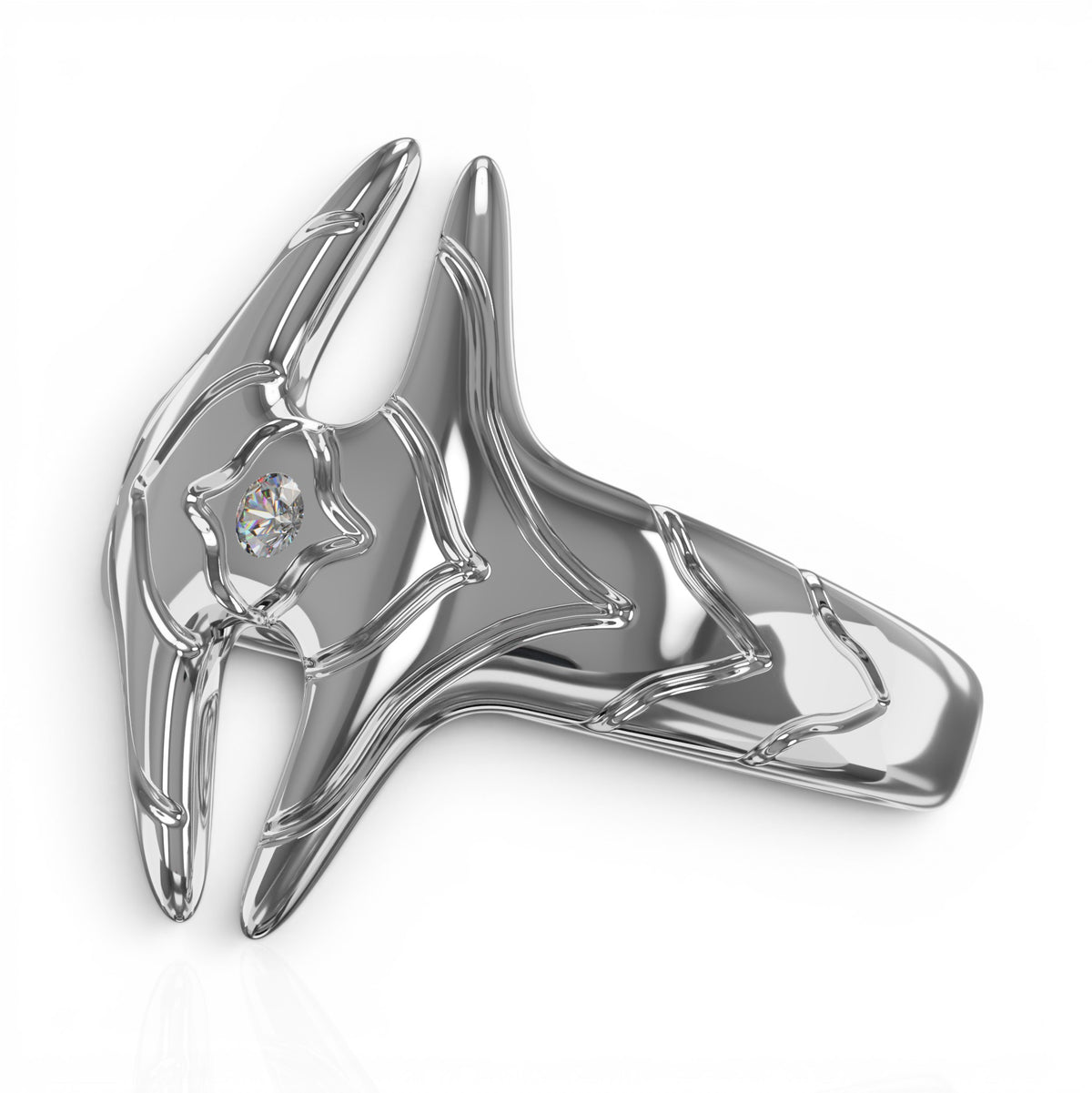 YFS Designs Signature logo ring in polished silver with a 1mm round diamond set in a unique sculptural frame.
