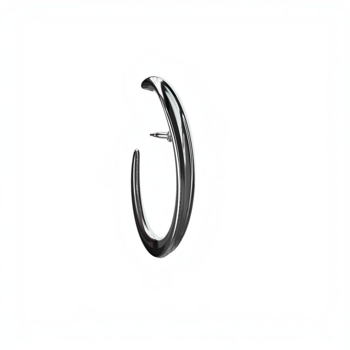 YFS Designs sculptural silver-tone hoop earrings with a sleek, curved snake fang silhouette and high-polish finish.