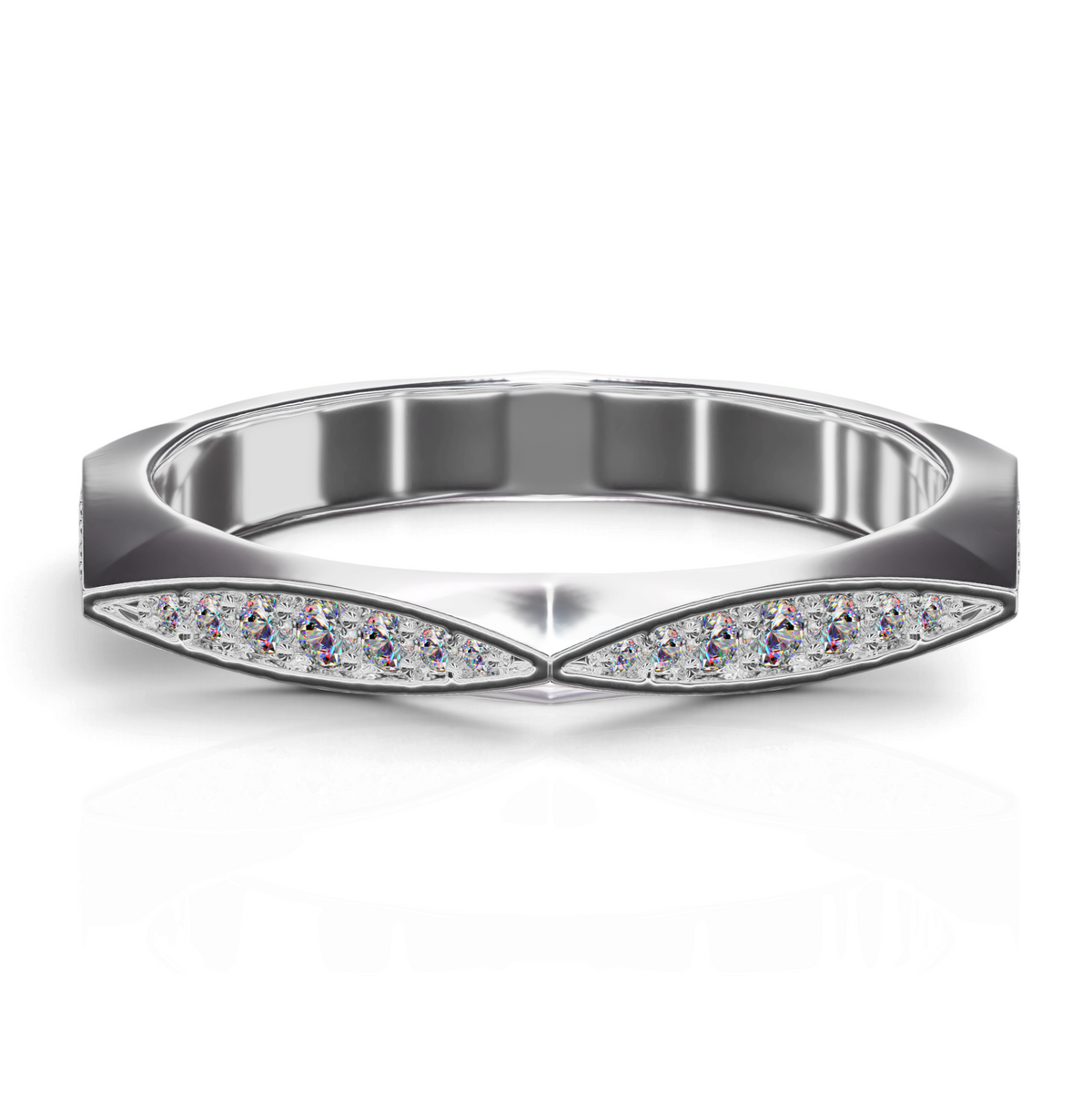 YFS Designs Star band ring in polished silver with geometric pavé-set stones in a sleek angular channel setting.