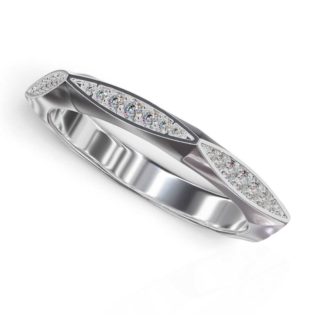 YFS Designs Star band ring in polished silver with geometric pavé-set stones in angular channels.