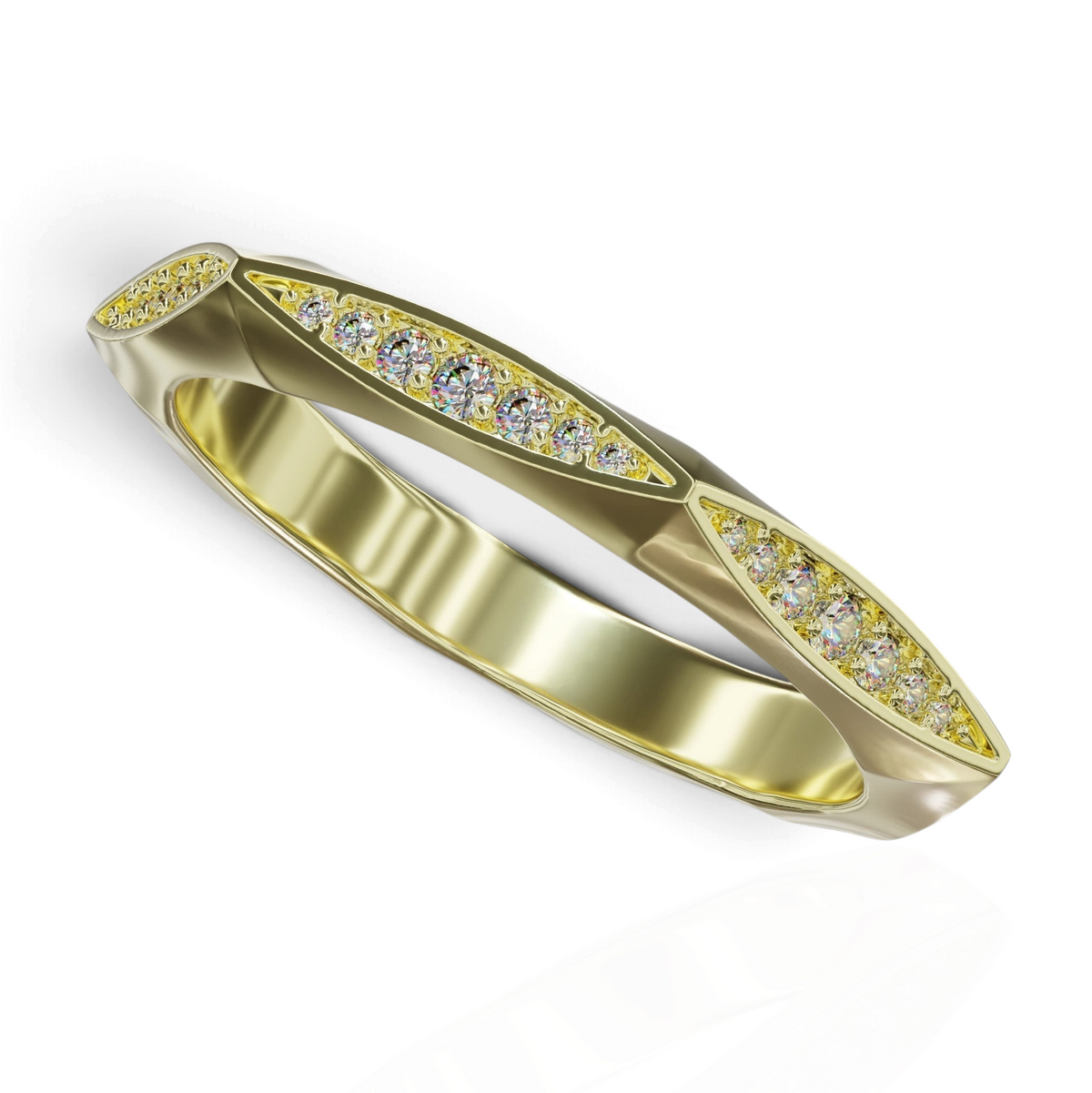 YFS Designs Star gold band ring featuring a geometric silhouette with pavé-set stones in angular channels.