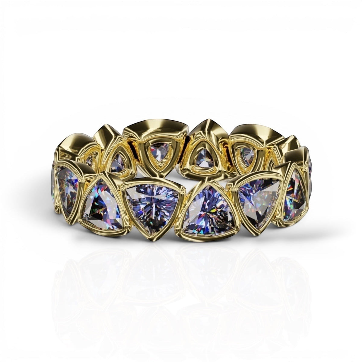 YFS Designs 4mm trillion faceted tanzanite gemstone bezel band in yellow gold