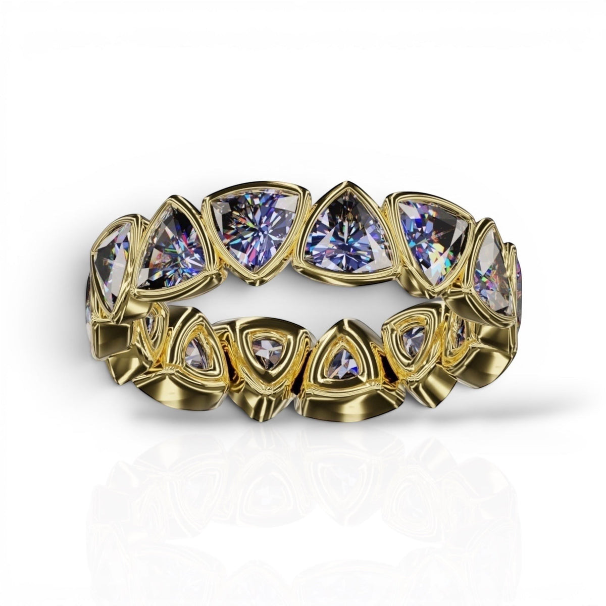YFS Designs 4mm trillion faceted tanzanite bezel band ring in polished yellow gold