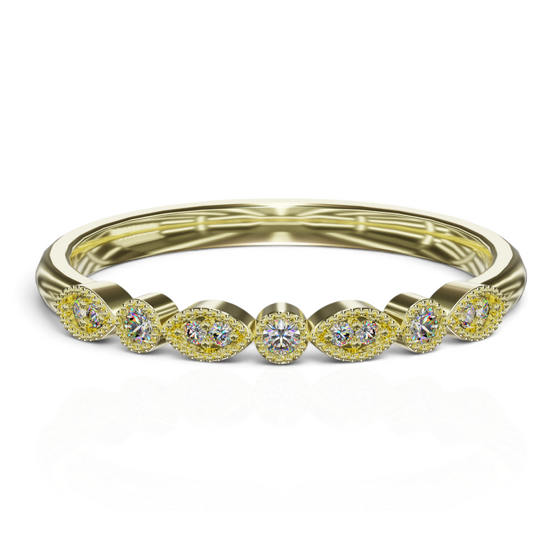 YFS Designs Jennifer vintage gold stackable band with marquise and round lab-grown diamonds and milgrain detailing.