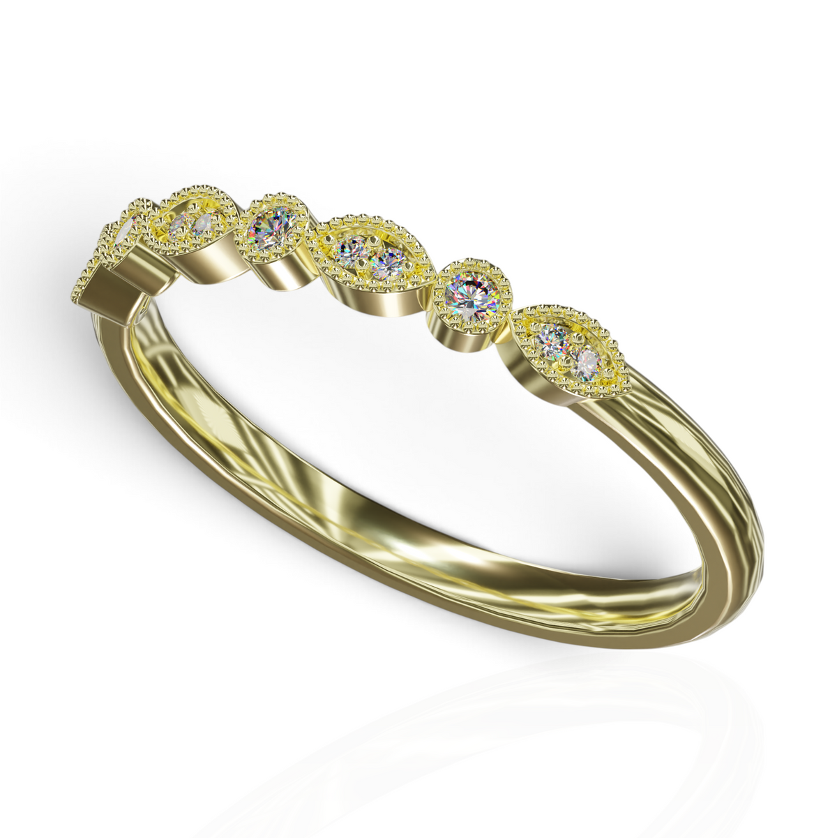 YFS Designs Jennifer vintage gold stackable band with marquise and round lab-grown diamonds and milgrain detailing.