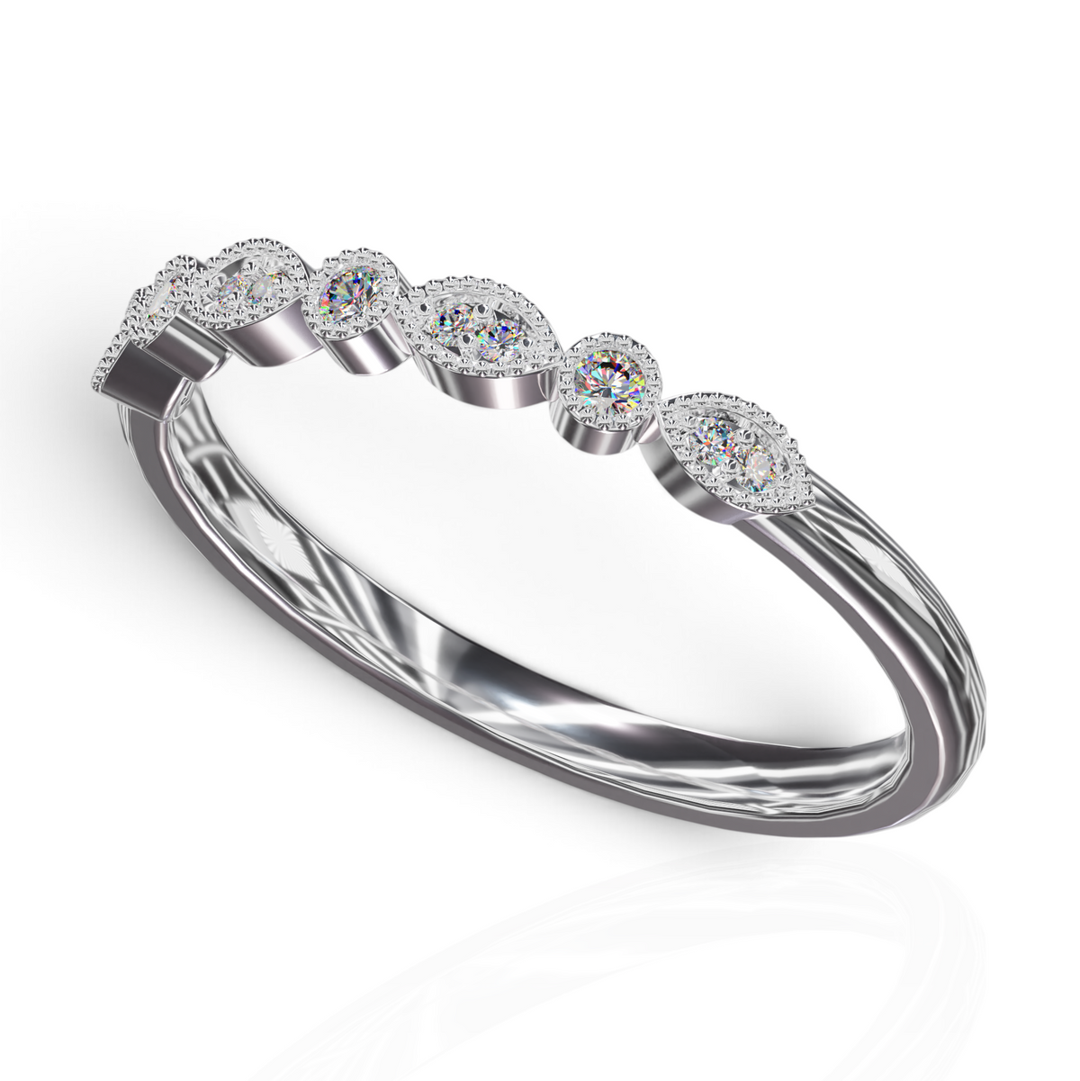 YFS Designs Jennifer vintage stackable band with marquise and round lab-grown diamonds and milgrain detailing.