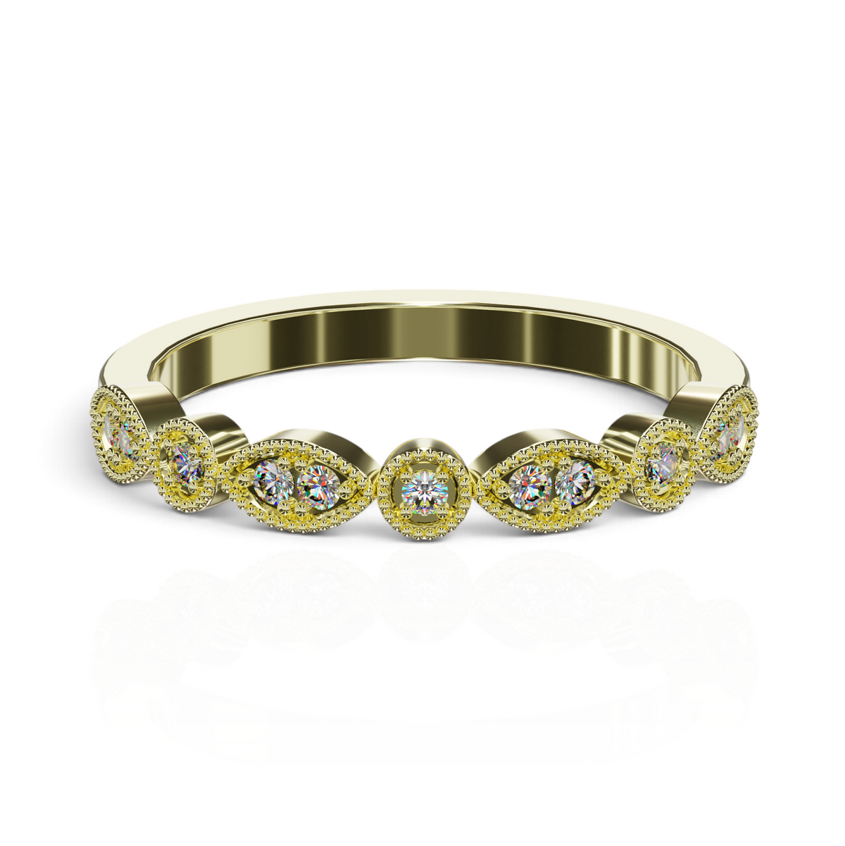 YFS Designs Yolanda gold stackable band with marquise-shaped settings, milgrain detail, and lab-grown round diamonds.