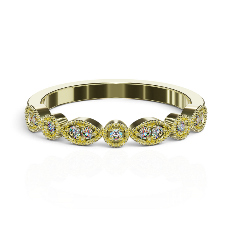 YFS Designs Yolanda gold stackable band with marquise-shaped settings, milgrain detail, and lab-grown round diamonds.