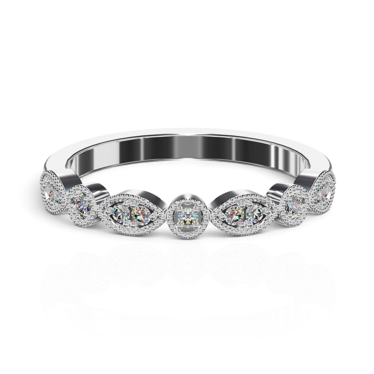 YFS Designs Yolanda stackable band with marquise-shaped settings, milgrain detail, and lab-grown round diamonds.